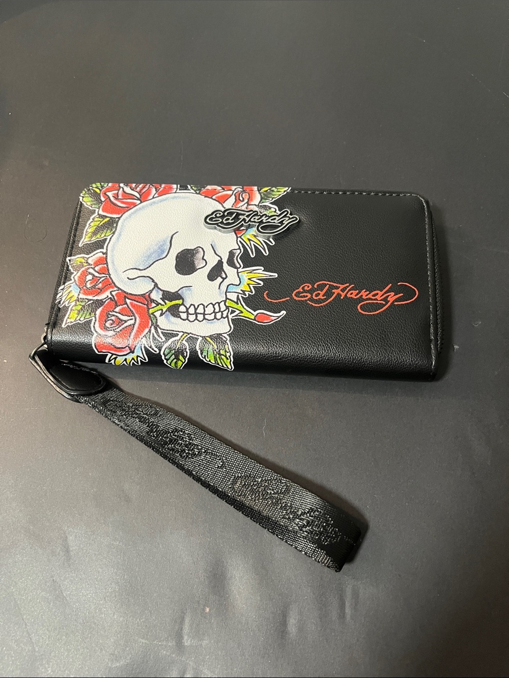 Ed Hardy Black Wallet Wristlet with Skull and Red Rose Design